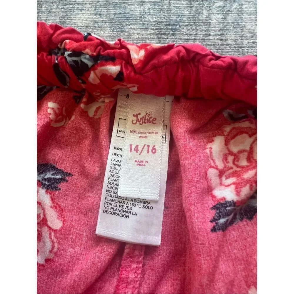 Justice Red Pink Floral Rose Shorts w Attached Belt Size 14 / 16
